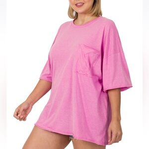 ZENANA Oversized Raw Edge Front Pocket Hi Low Tee Top